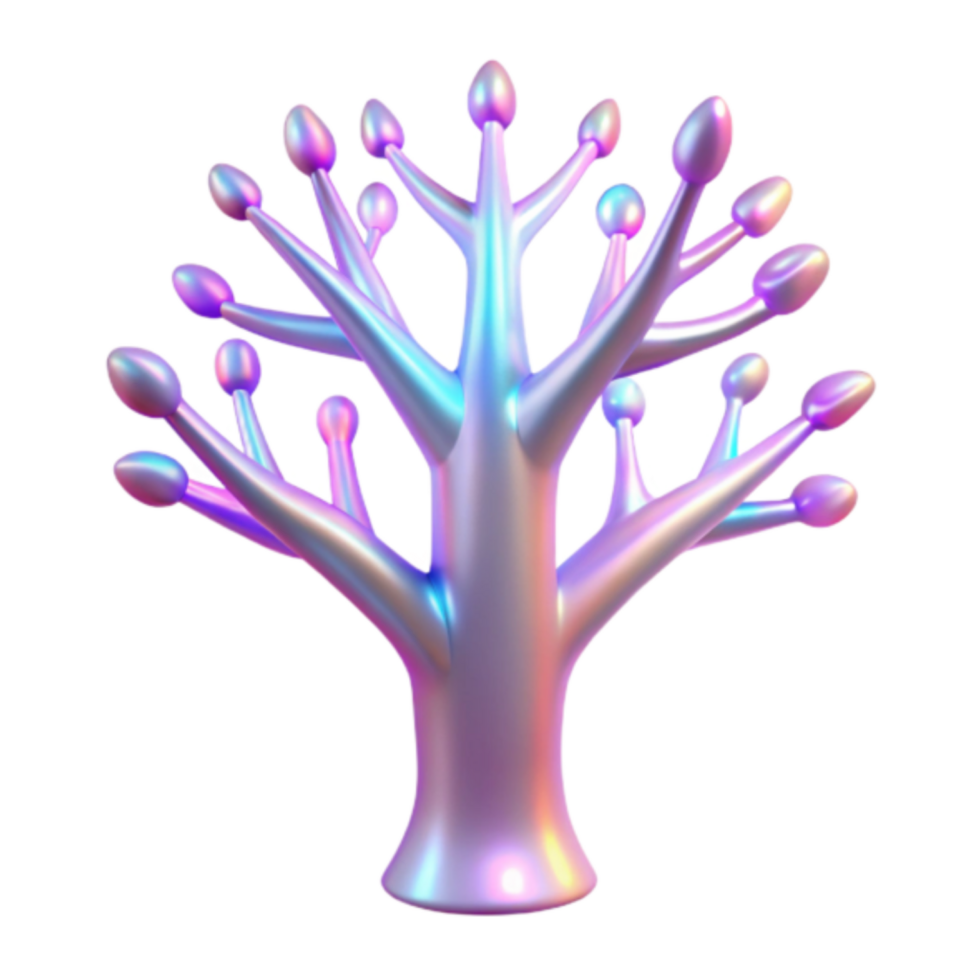 Iridescent 3D Tree Illustration, Holographic Branches and Leaves, Colorful Abstract Tree Render png