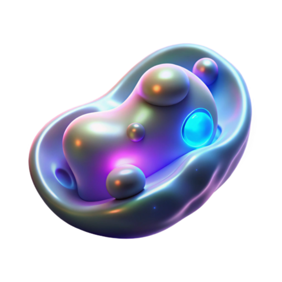 Abstract 3D Render of Iridescent Organic Shapes with Glowing Bubbles png