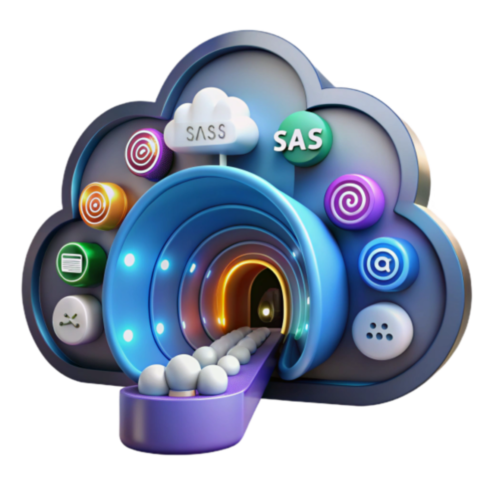 3D Illustration of Data Flowing Through Cloud Computing Tunnel, SaaS and SAS Software png
