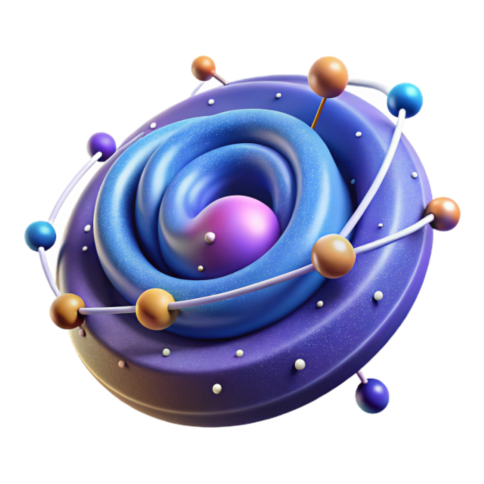 Abstract 3D Render of a Swirling Galaxy-Like Structure with Orbiting Spheres png