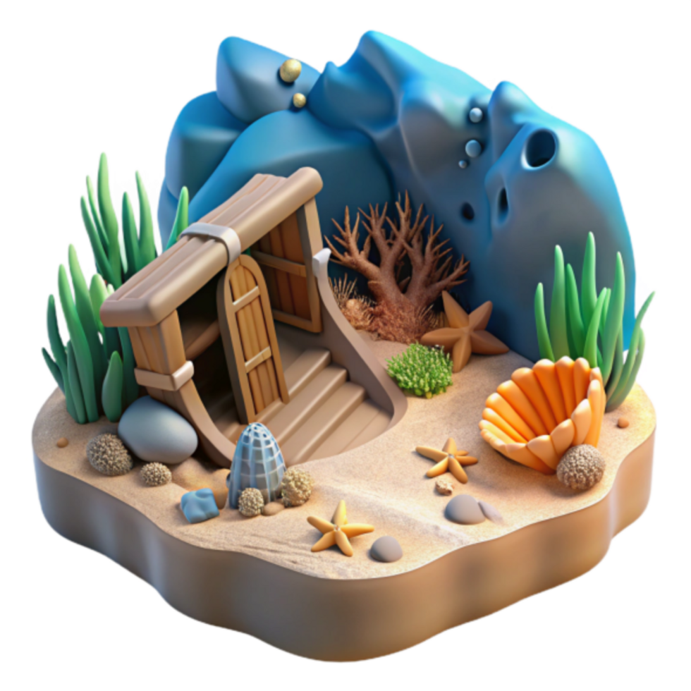Undersea Wooden Structure 3D Render Illustration - Ocean Scene with Starfish, Seagrass, and Coral png