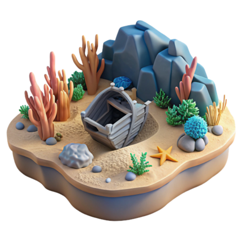 Sunken Boat 3D Illustration Undersea Coral Reef Scene with Starfish, Rocks, and Sandy Beach png