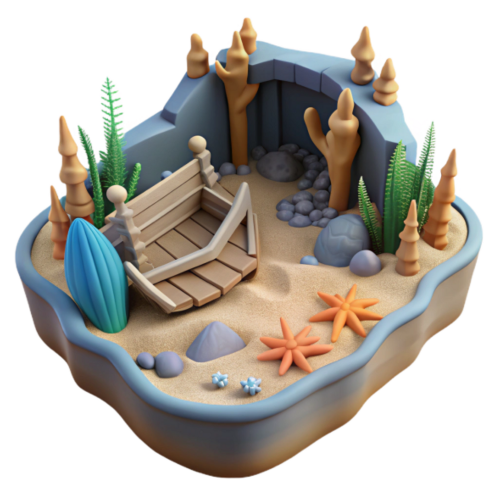 Whimsical 3D Render of a Miniature Beach Cove with Broken Boat png