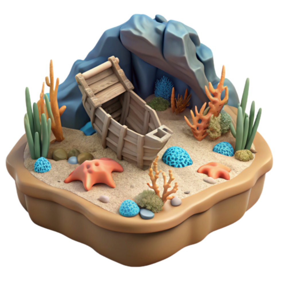 3D Render Sunken Boat Cove Illustration Ocean Scene with Starfish, Coral, and Rocks png