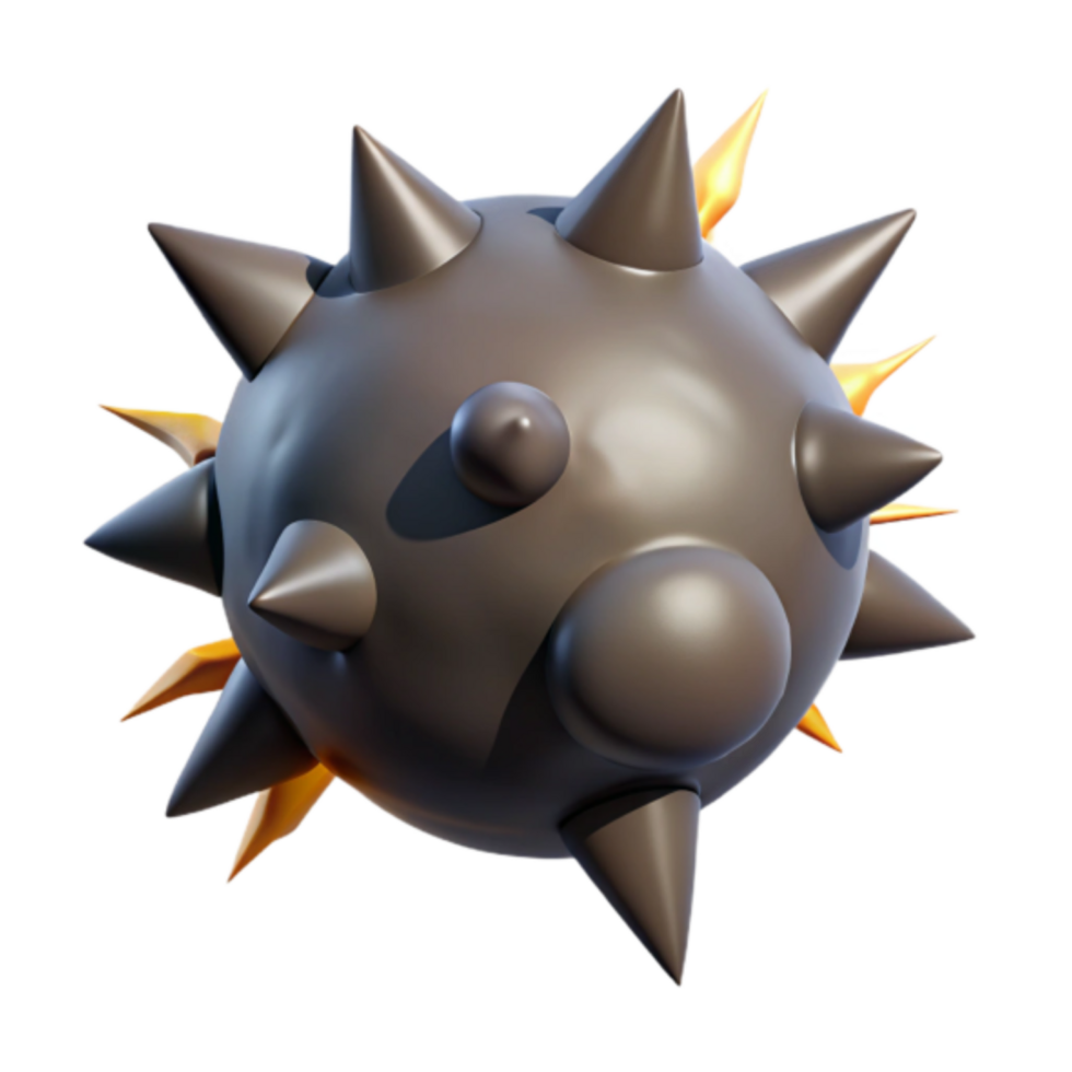 3D Render Spiky Ball Graphic Resource, Dark Grey Orb with Golden Spikes, Abstract 3D Model, Game Asset, Cartoonish Design, Stylized Sphere, Illustration, Digital Art, 3D Animation, Realistic 3D Object png