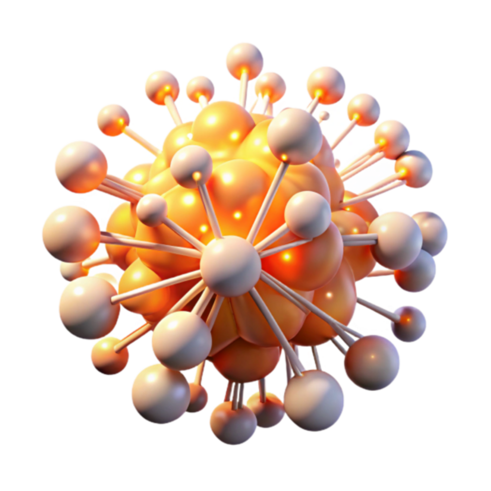 3D Render of Abstract Molecular Structure Glowing Orange and White Spheres Connected by Rods png