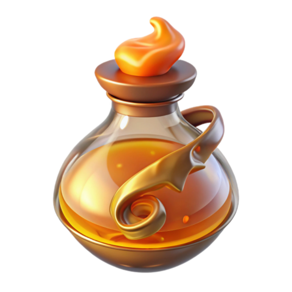 Golden Elixir 3D Render Magical Potion in Glass Bottle with Flame Top png