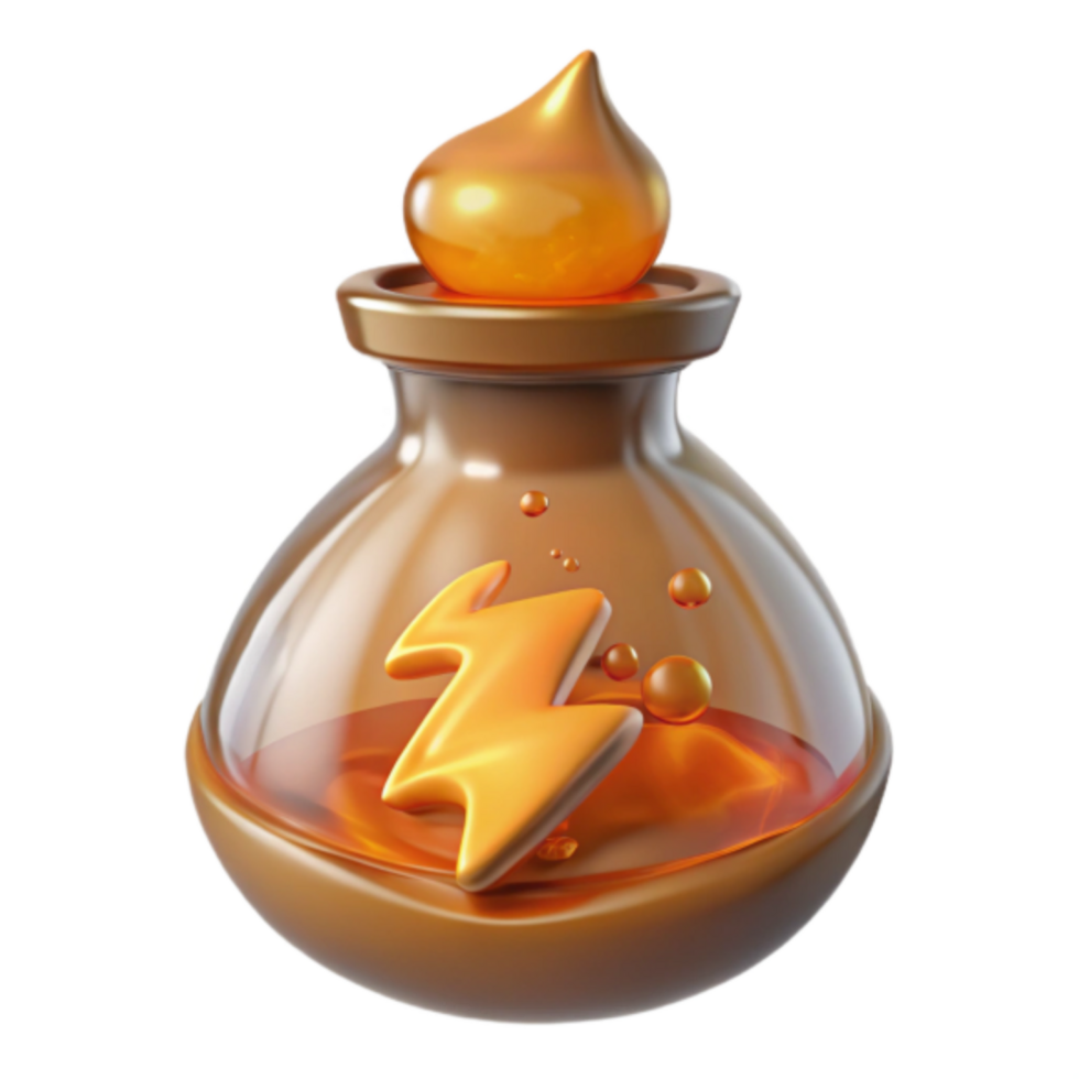 3D Render of Amber Potion Bottle with Lightning Bolt Graphic png