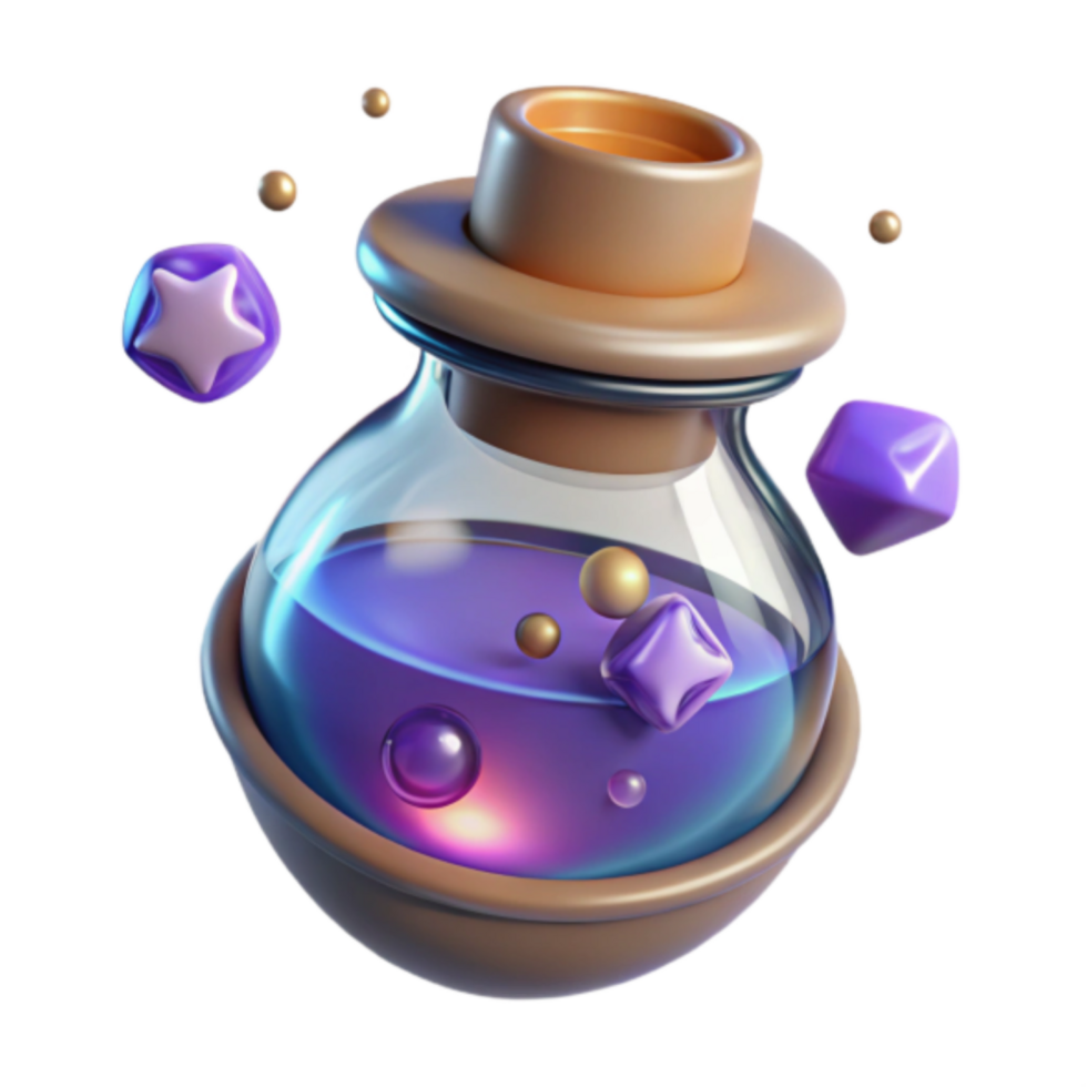 3D Render of a Magical Potion Bottle with Glowing Particles png