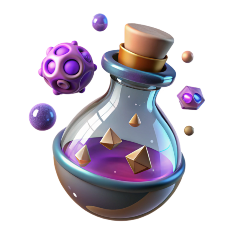 3D Render of Magical Potion Bottle with Glowing Crystals and Orbs png