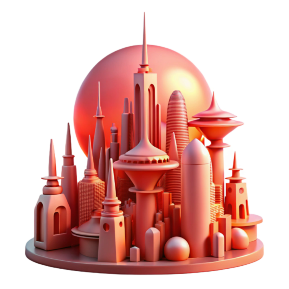 Abstract 3D Render of a Futuristic Cityscape at Sunset png