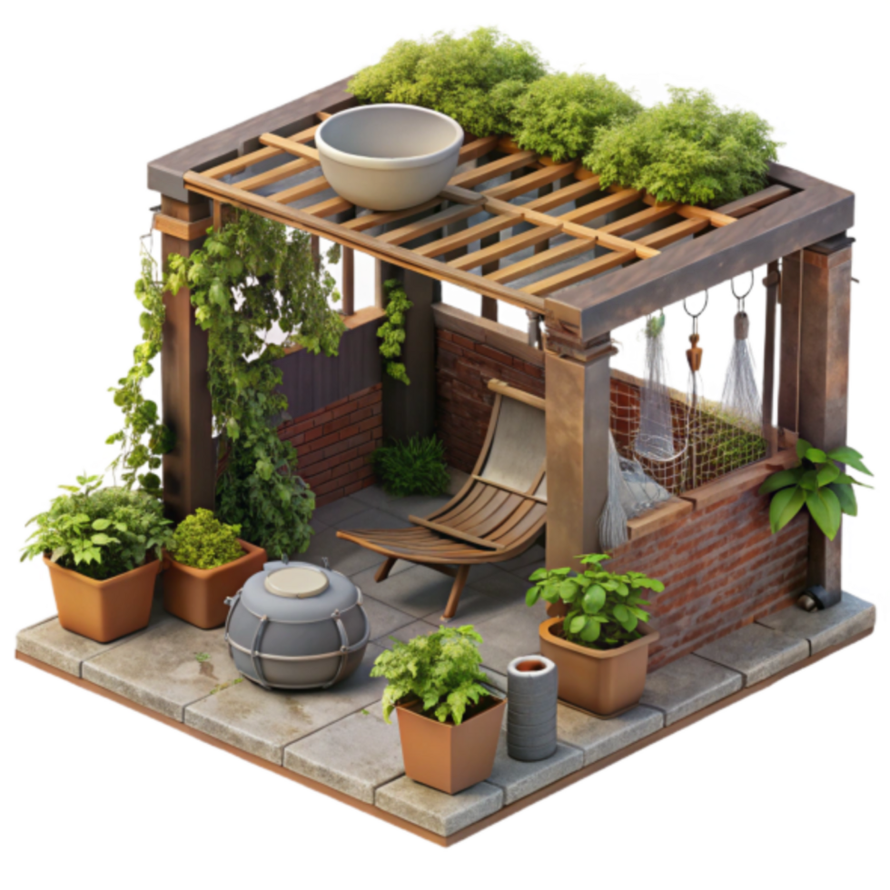 3D Isometric Illustration Lush Garden Patio Relaxing Scene png