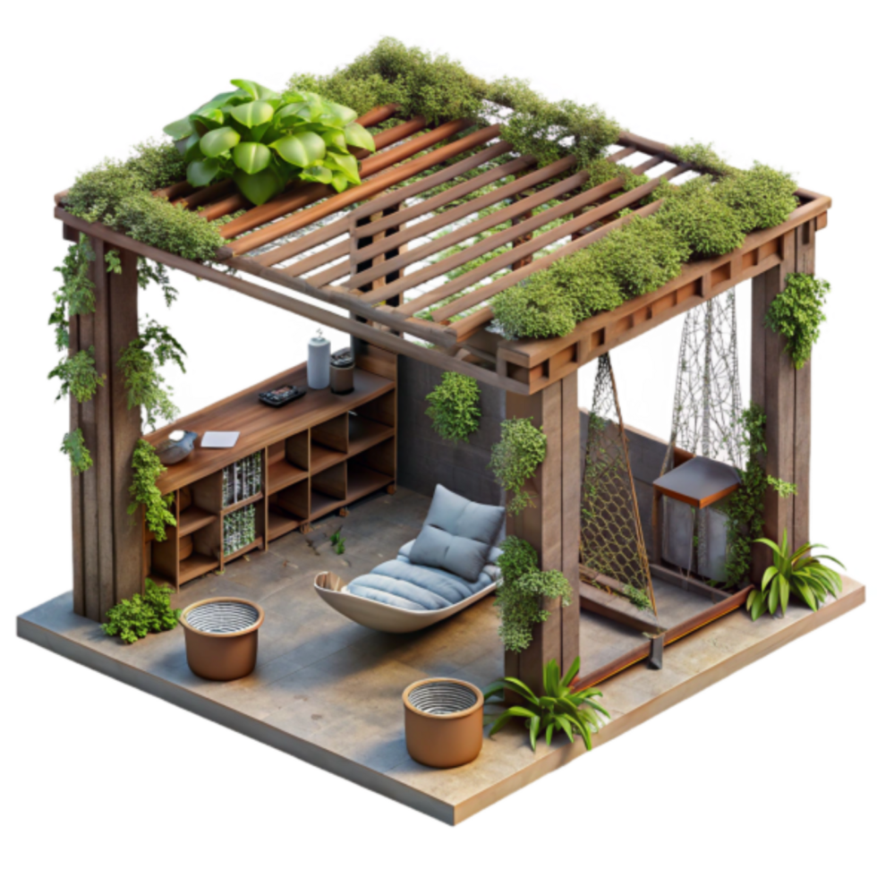 3D Isometric Illustration Lush Garden Pergola Design Relaxing Outdoor Space png