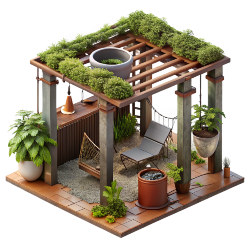 3D Isometric Illustration of a Serene Rooftop Garden Oasis with Pergola png