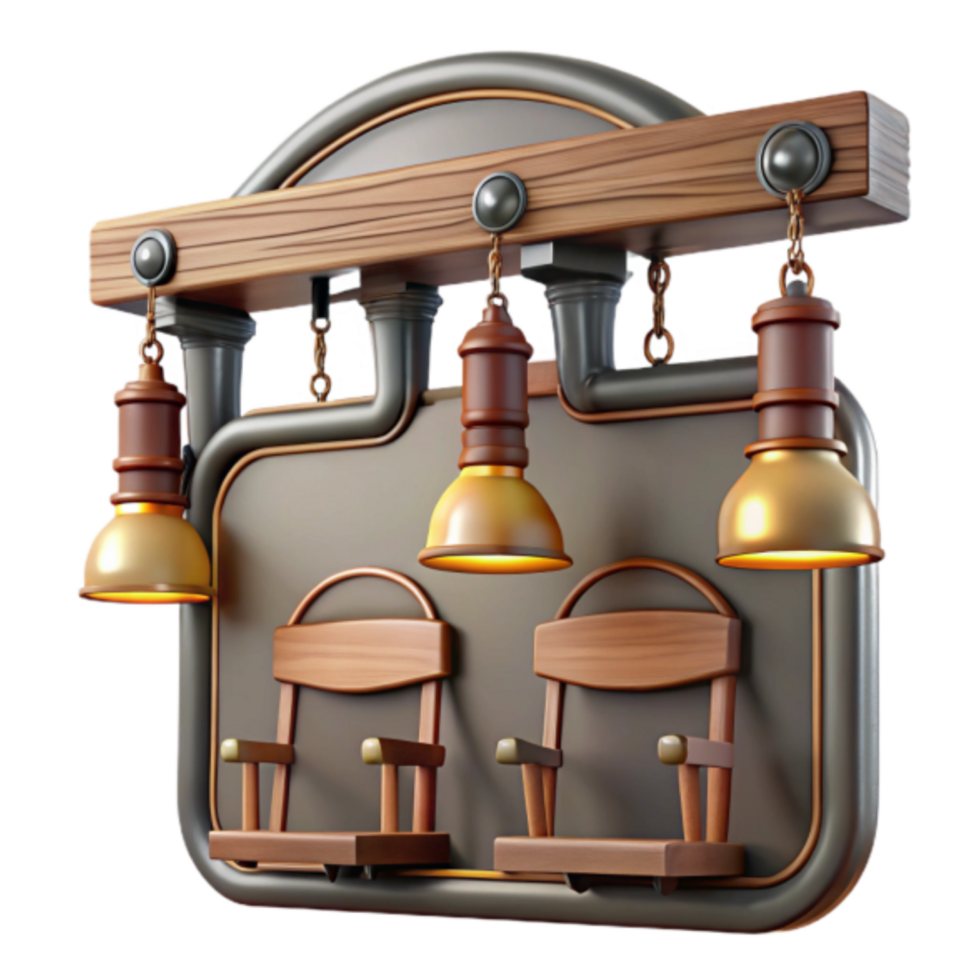 3D Render of a Steampunk-Style Wooden Sign with Lights and Chairs png