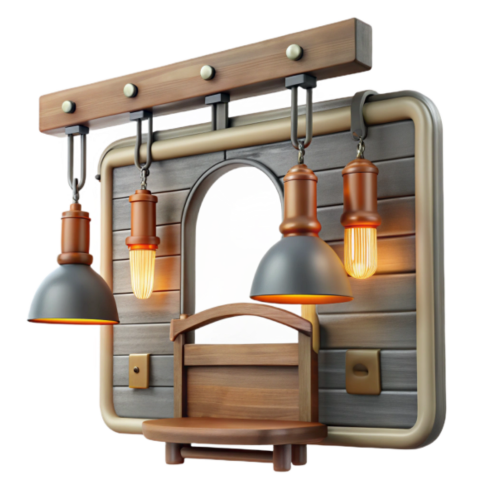 3D Render Rustic Wooden Shop Sign with Hanging Lights Illustration png