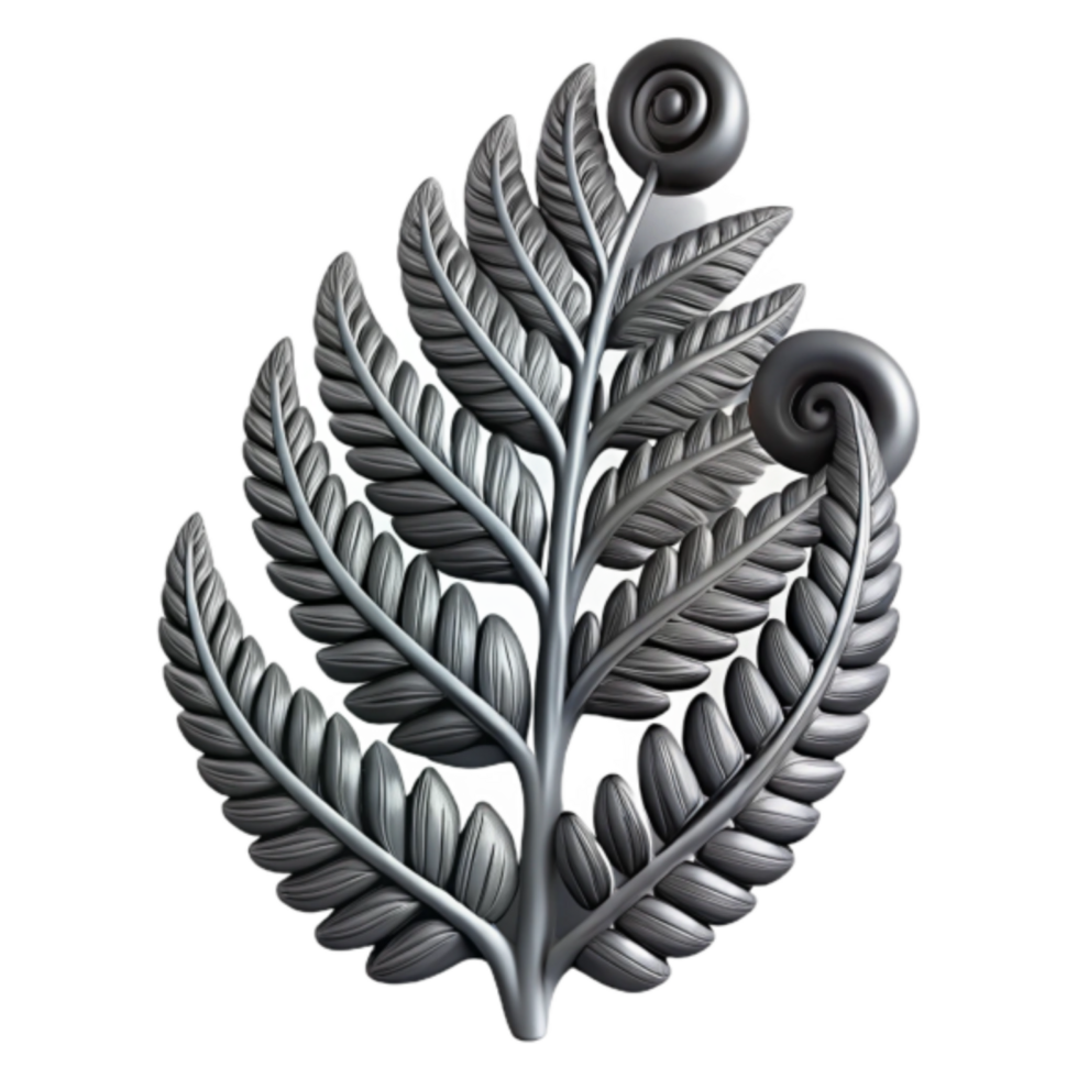 3D Render of Intricate Silver Fern Design with Spiral Details png