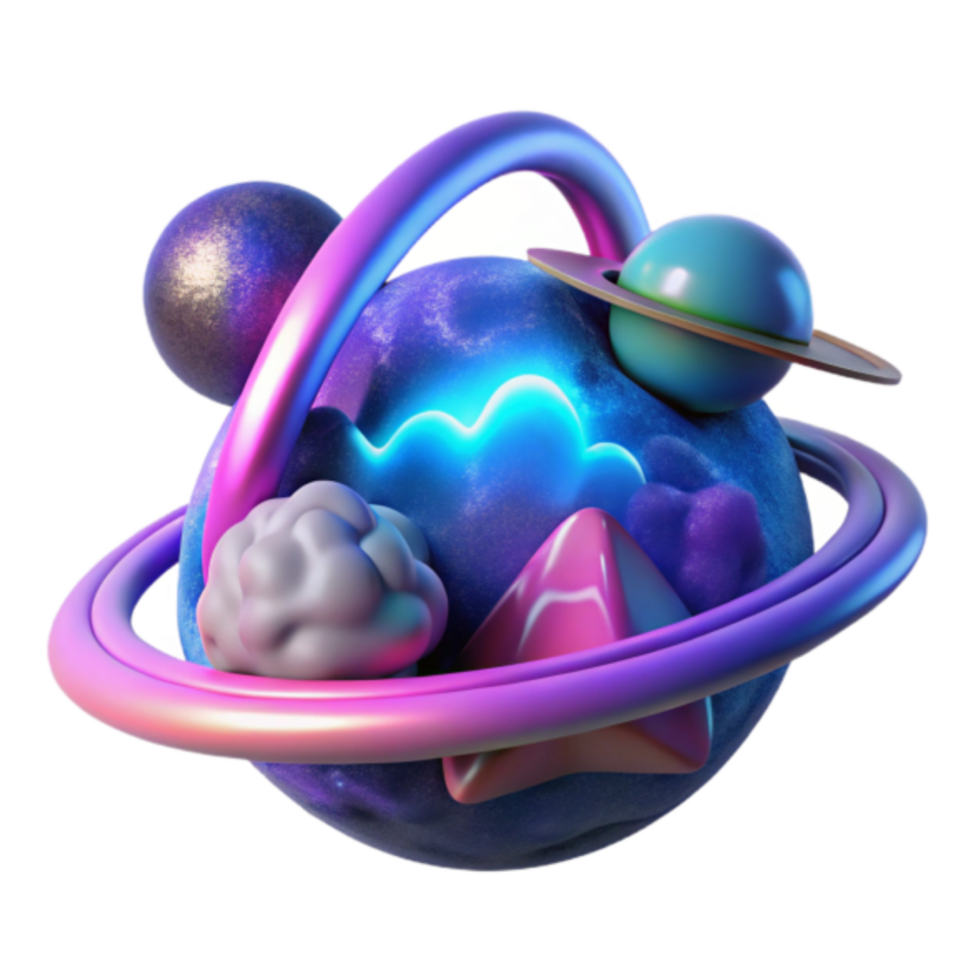 Cosmic 3D Render Abstract Background with Glowing Planets and Rings png