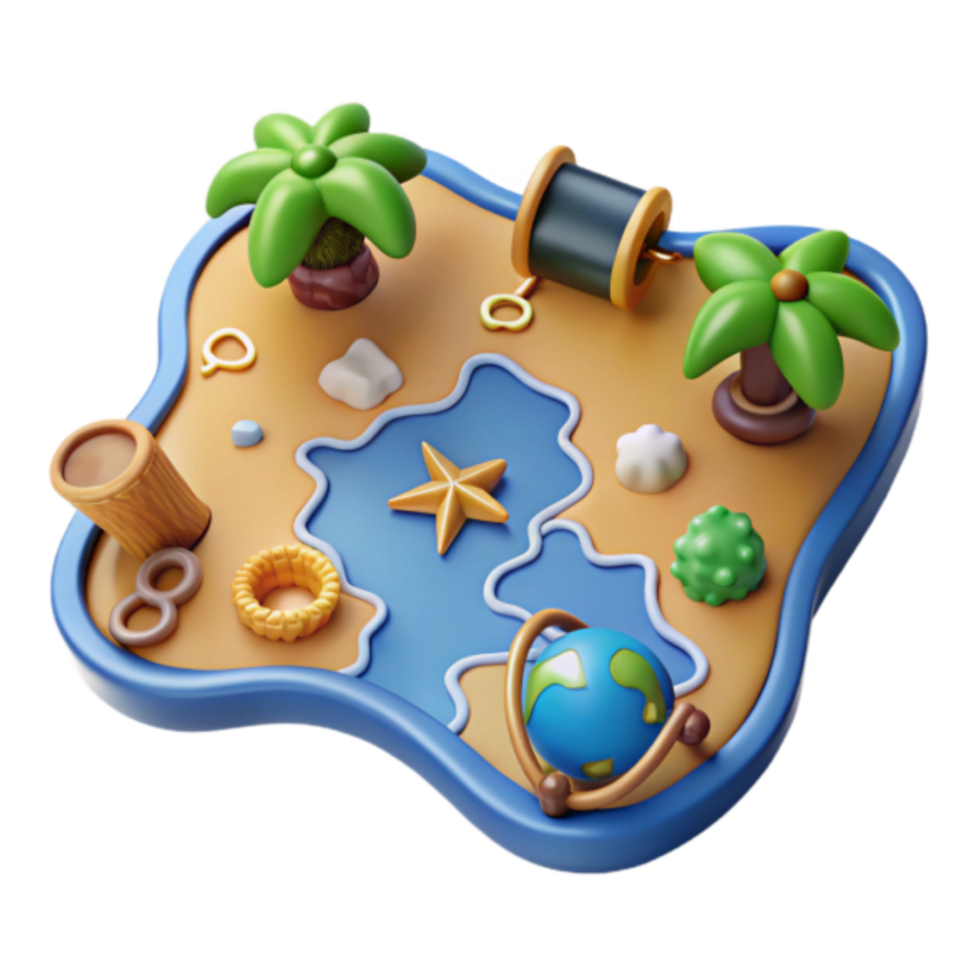 Tropical Island 3D Render A Whimsical Cartoon Island Scene with Palm Trees, Seashells, and a Globe png
