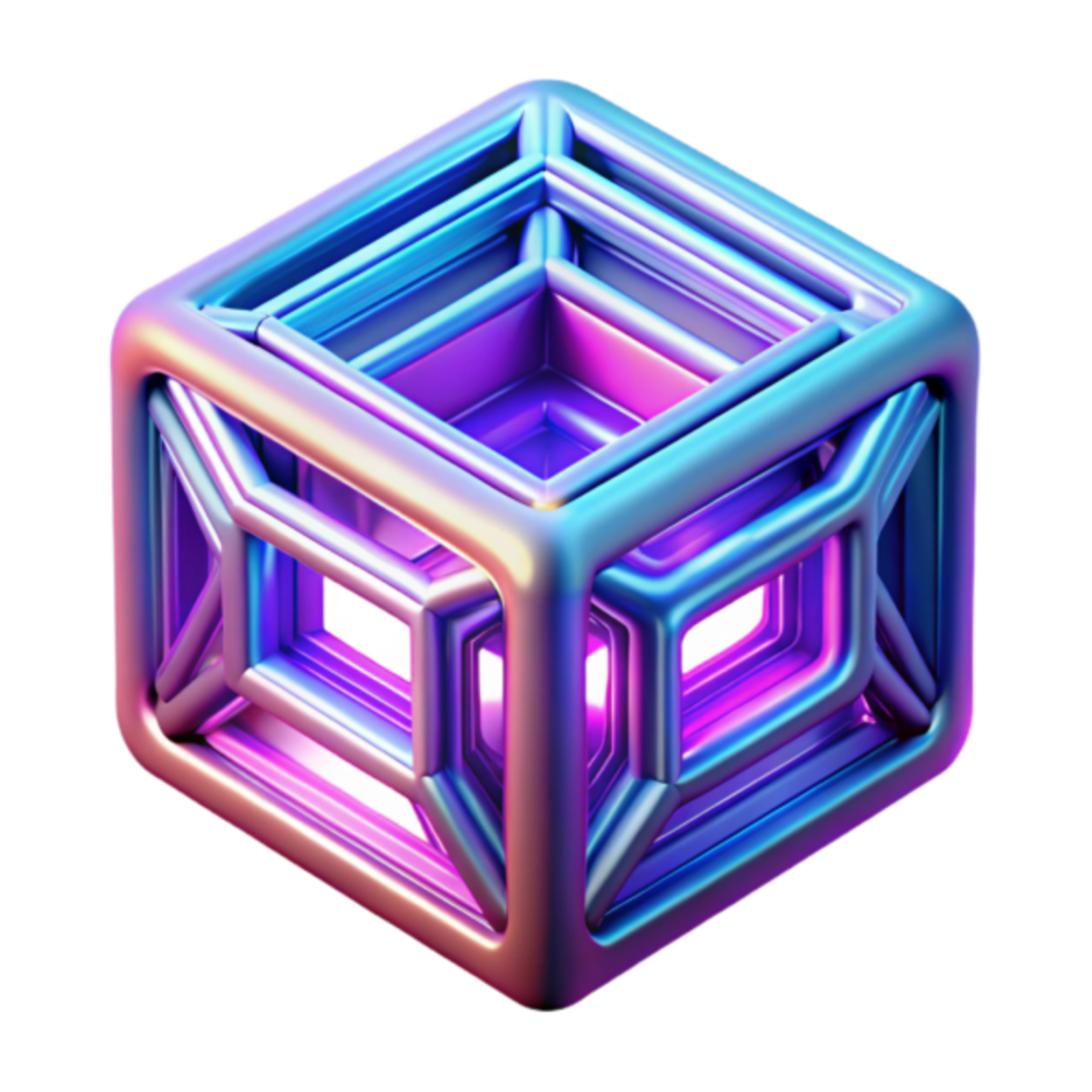 Abstract 3D Cube Illustration Iridescent, Geometric, Purple Blue Gradient, Shiny, Interlocking Structure, Digital Art png
