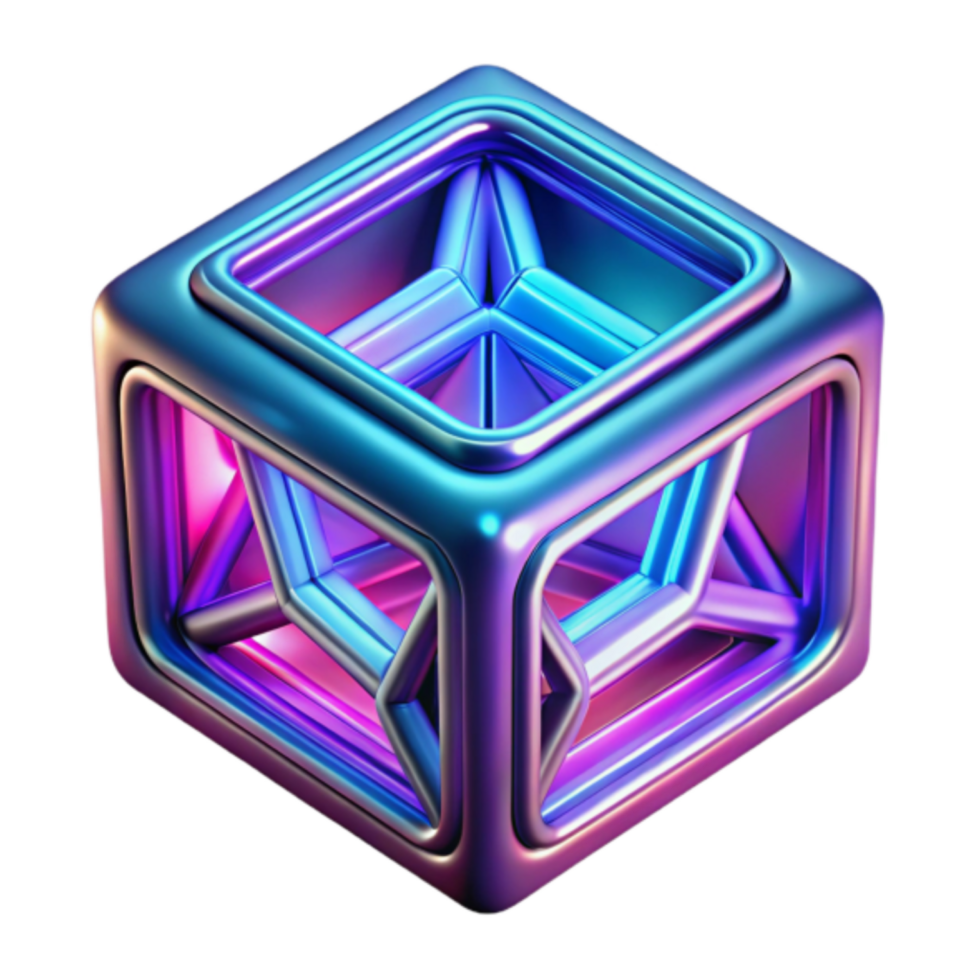 3D Render of a Cube with Inner Geometric Structure, Neon Purple and Blue Gradient png