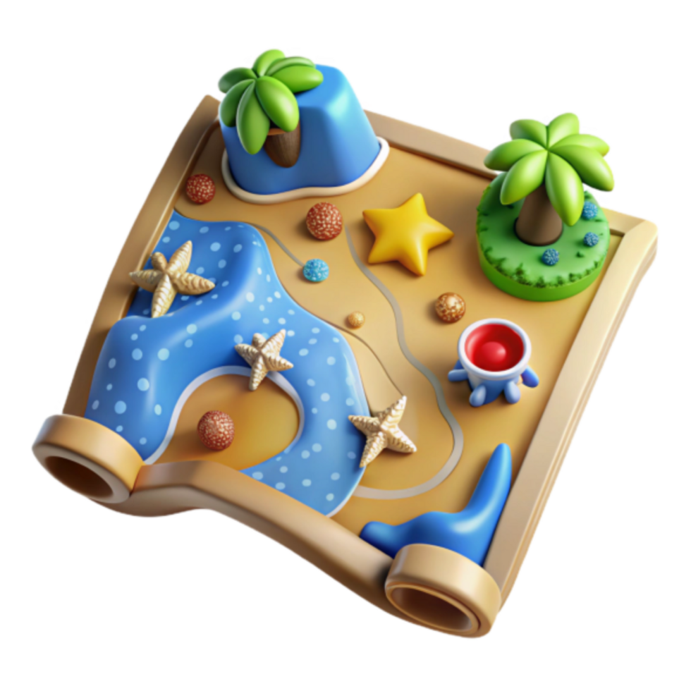 3D Cartoon Treasure Map Illustration Island Adventure, Palm Trees, Starfish, and Hidden Gems png