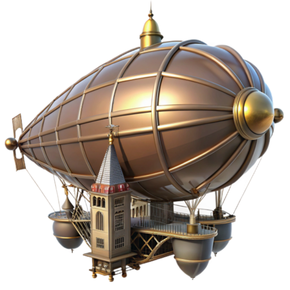 Steampunk Airship 3D Render A Fantasy Zeppelin Illustration with Intricate Details png