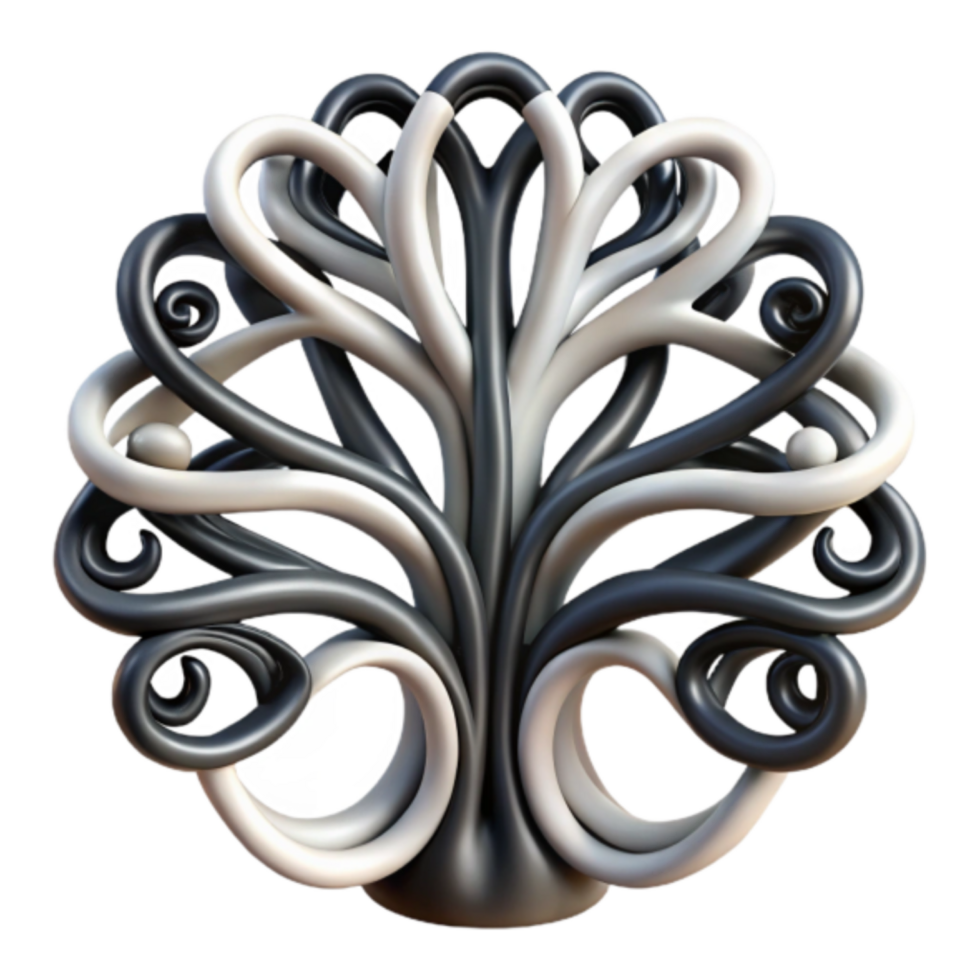 Abstract 3D Render of Intertwined Black and White Swirls Tree of Life Design png