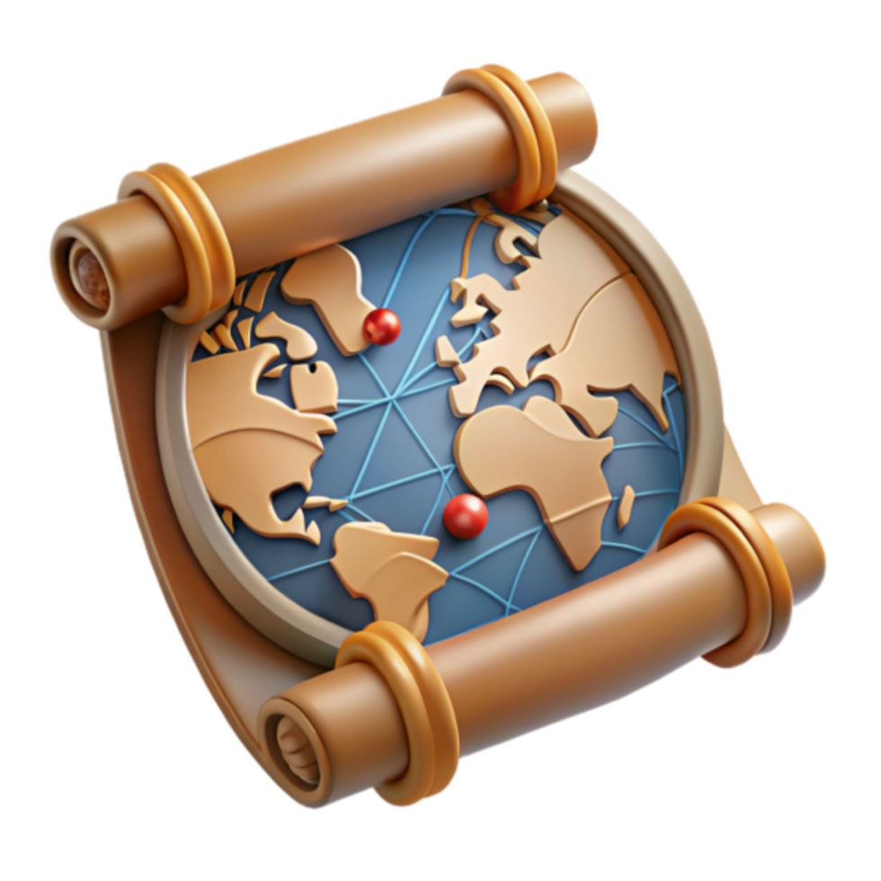 3D Render World Map Scroll Icon - Global Exploration, Travel, Adventure, Journey, Destination, Cartography, Navigation, Geography, Discovery, Route png