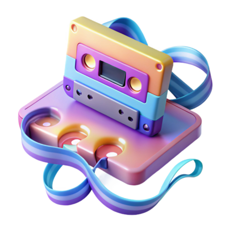 Vibrant 3D Render of Retro Cassette Tape with Colorful Ribbon png