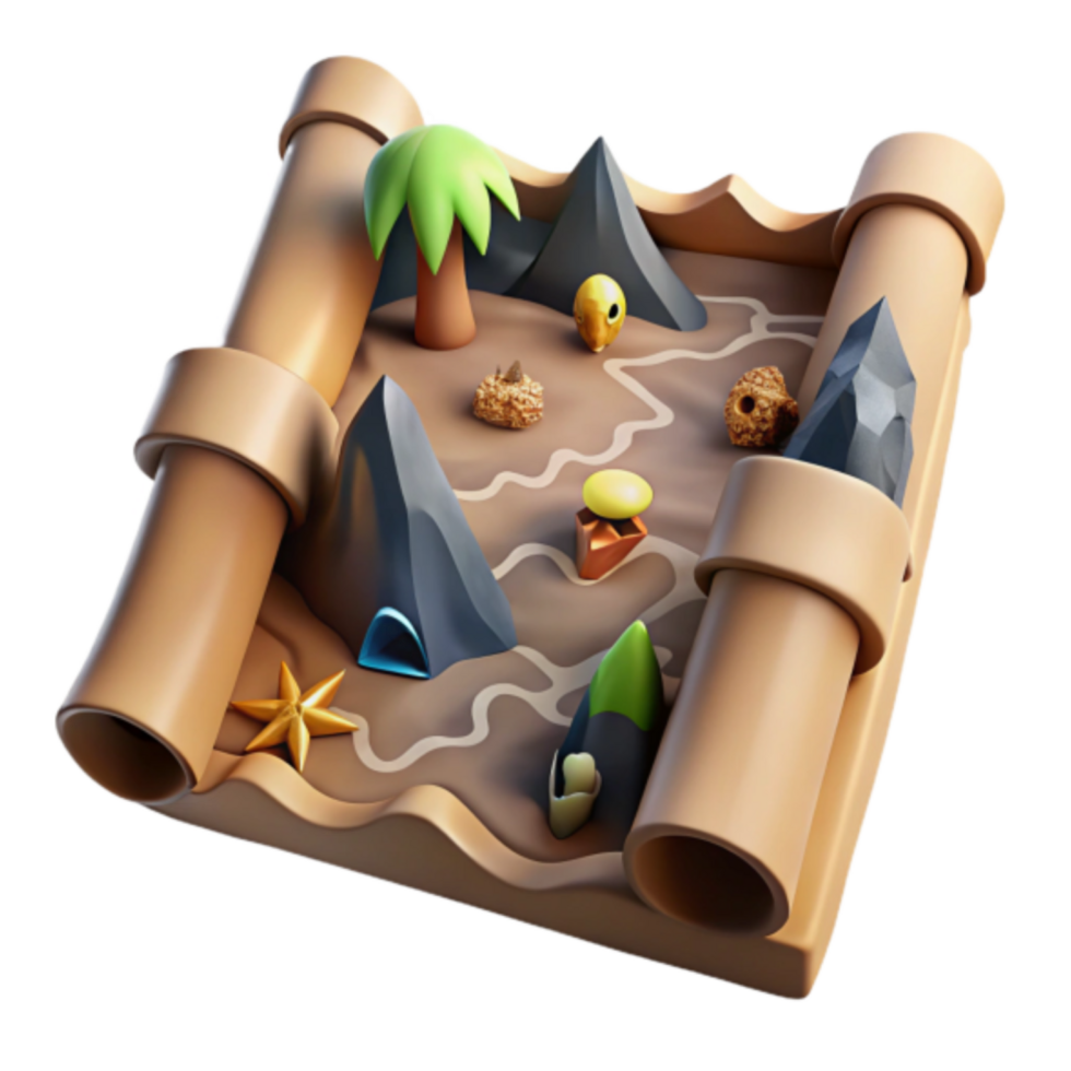 3D Cartoon Treasure Map Illustration Rolled Parchment with Tropical Island Elements png