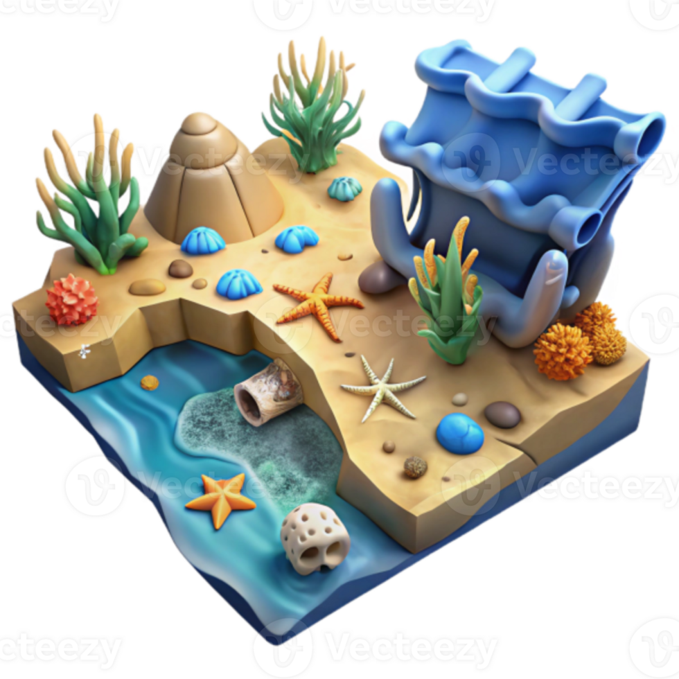 3D Render of Sunken Shipwreck Scene, Ocean Floor Illustration with Starfish, Coral Reefs, and Seashells png
