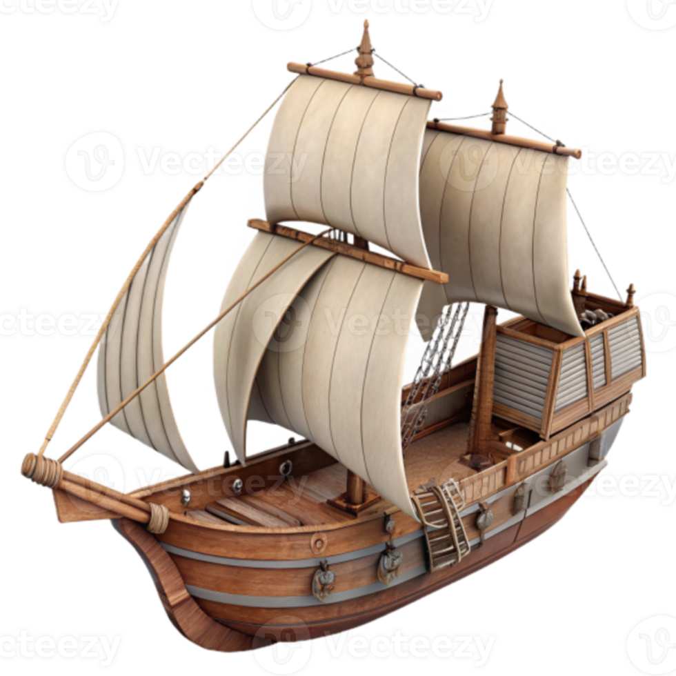 3D Model of a Classic Wooden Sailing Ship, Detailed Caravel Render, High-Resolution Maritime Vessel Image png