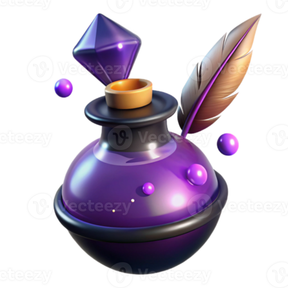 Purple Potion Bottle 3D Render Illustration with Quill png