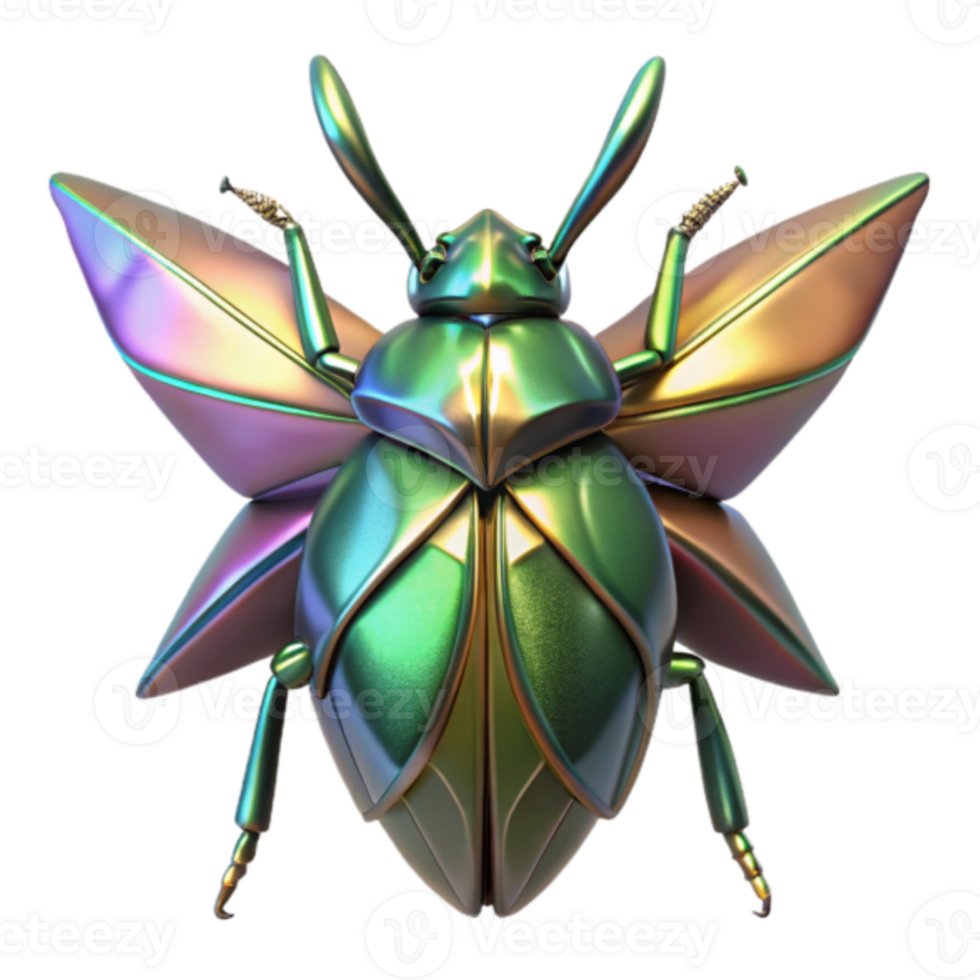 Iridescent Jewel Beetle 3D Render, Colorful Insect Illustration, Vibrant Green and Gold Wings png