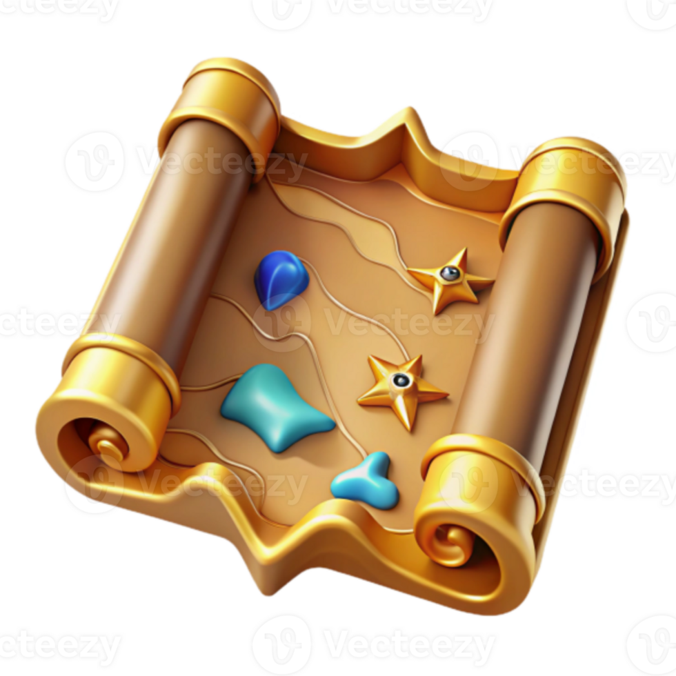 Golden Scroll 3D Render Illustration with Jewels and Stars png