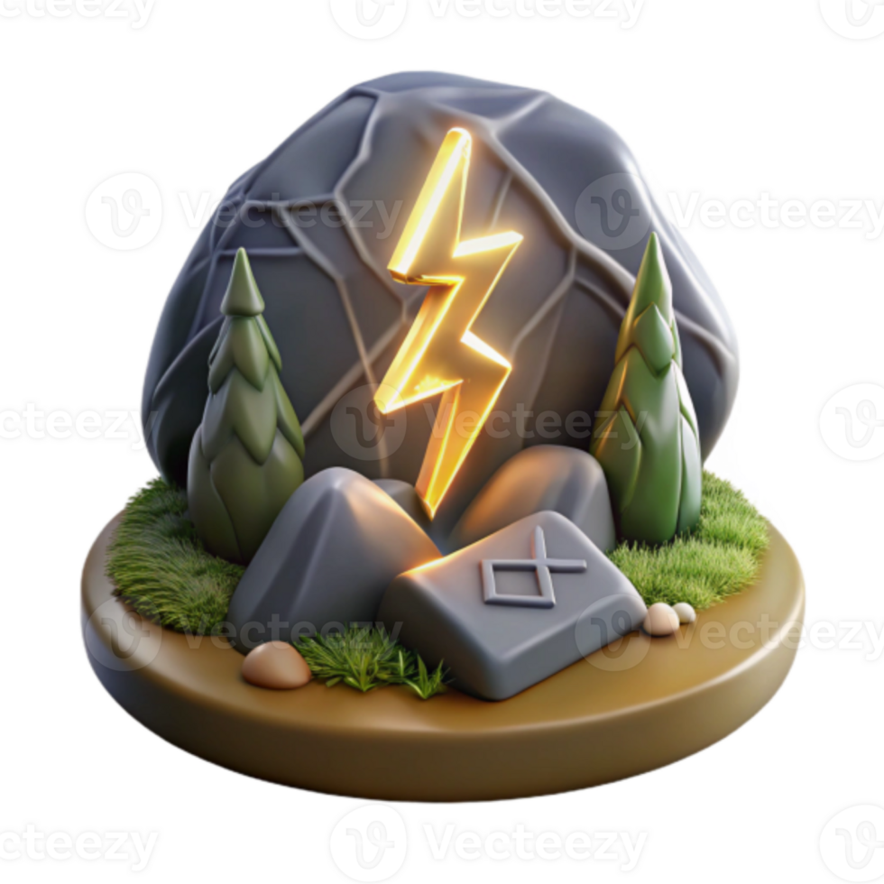 Glowing Lightning Bolt 3D Render, Stylized Rock Formation with Rune and Trees png