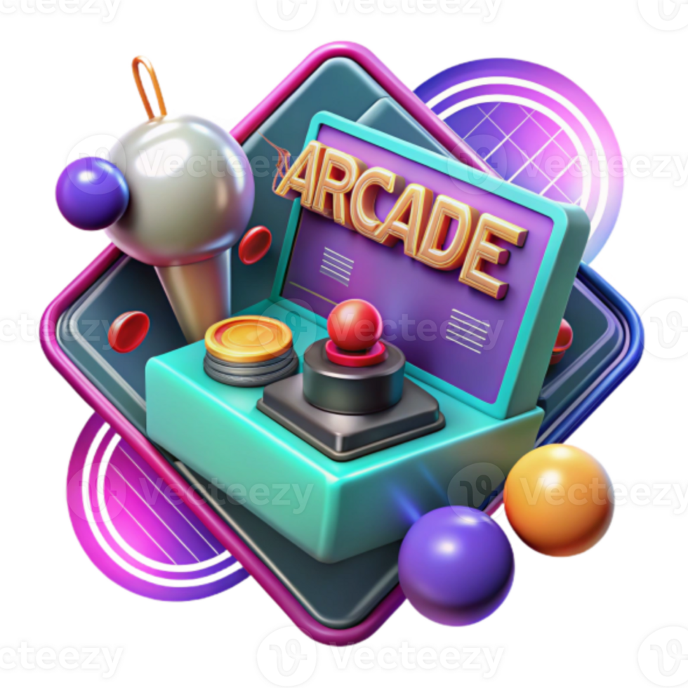 Retro Arcade Game 3D Illustration Joystick, Buttons, Colorful Background png