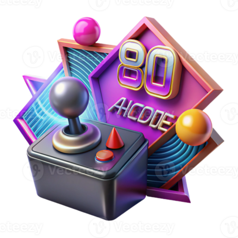 Retro 80s Arcade Joystick 3D Illustration, Vibrant Geometric Background png