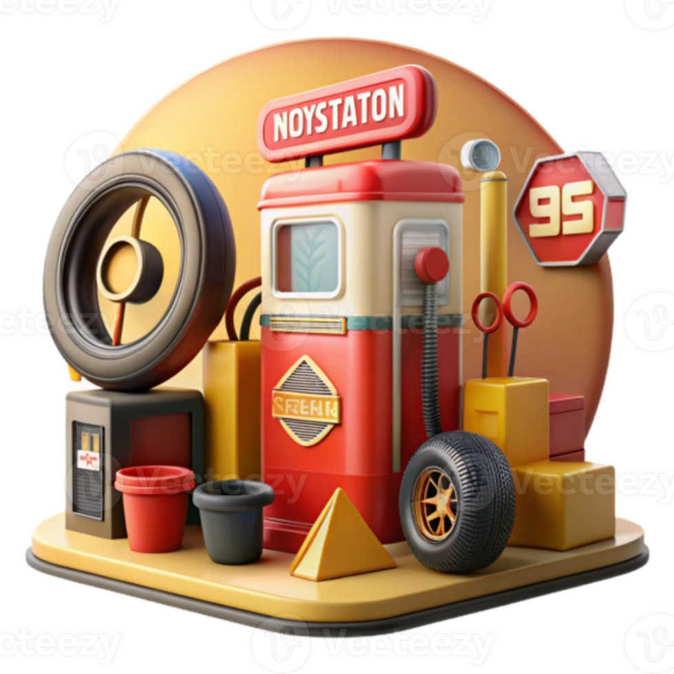 Retro Gas Station 3D Illustration, Vintage Fuel Pump, Tire, Boxes, Geometric Shapes png