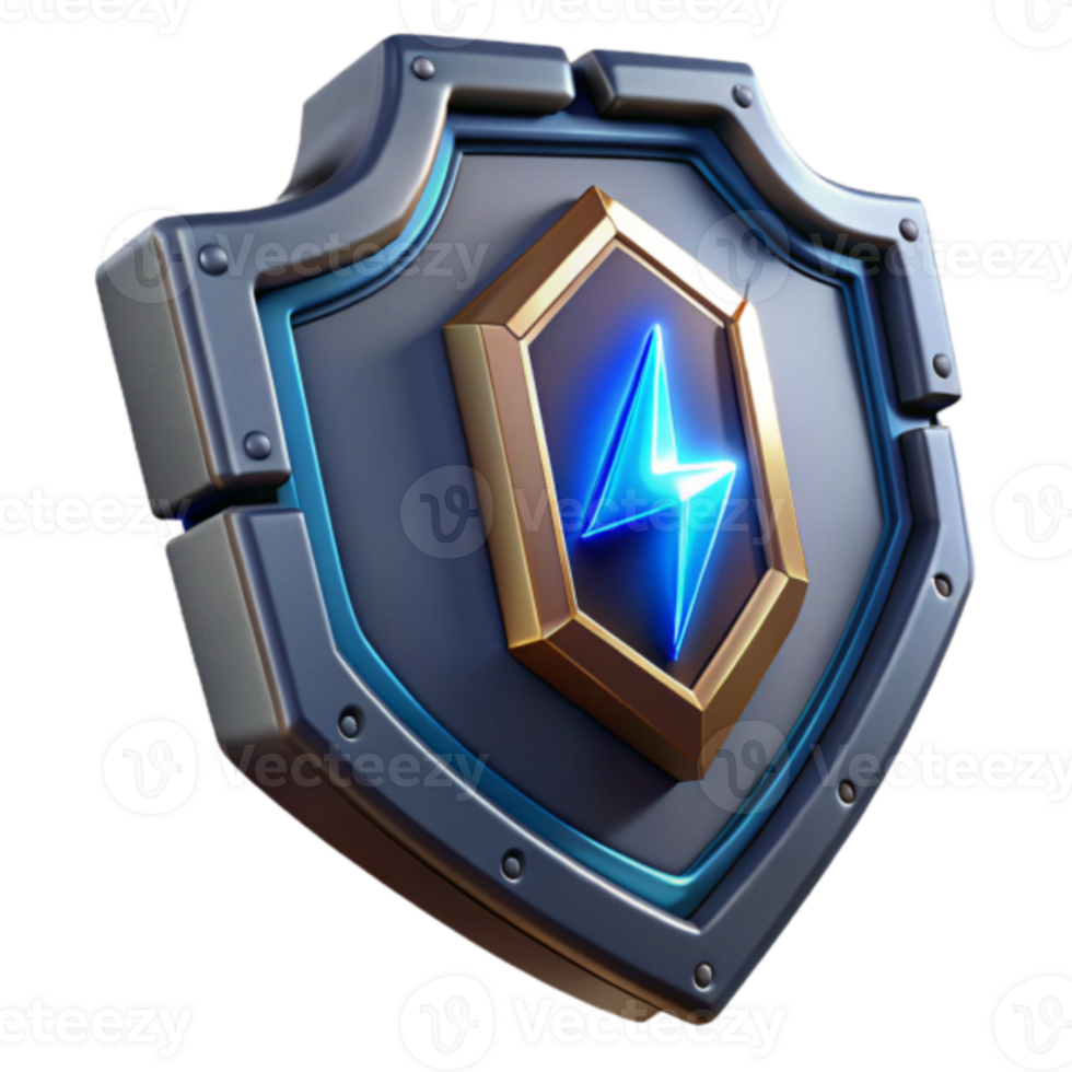 3D Render of a Metal Shield with Glowing Energy Symbol png