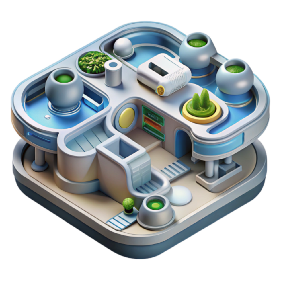 Futuristic 3D Building Illustration A Modern Architectural Design with Plants and Pools png