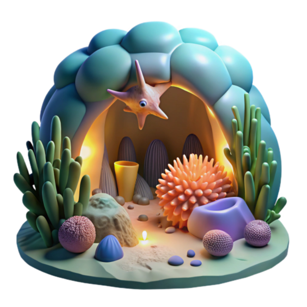 Enchanted Underwater Grotto 3D Render Vibrant Coral Reef Illustration with Starfish png
