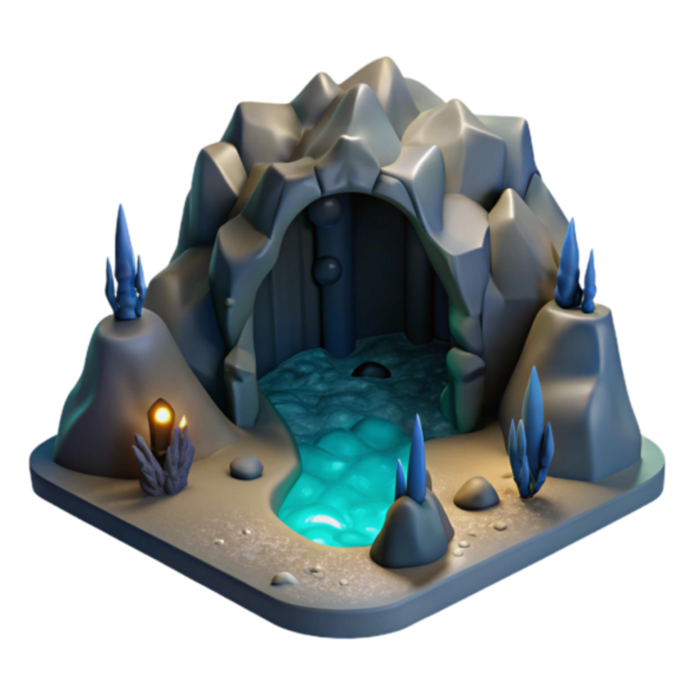 Enchanted Cave 3D Render Isometric View Glowing Water Crystal Grotto png