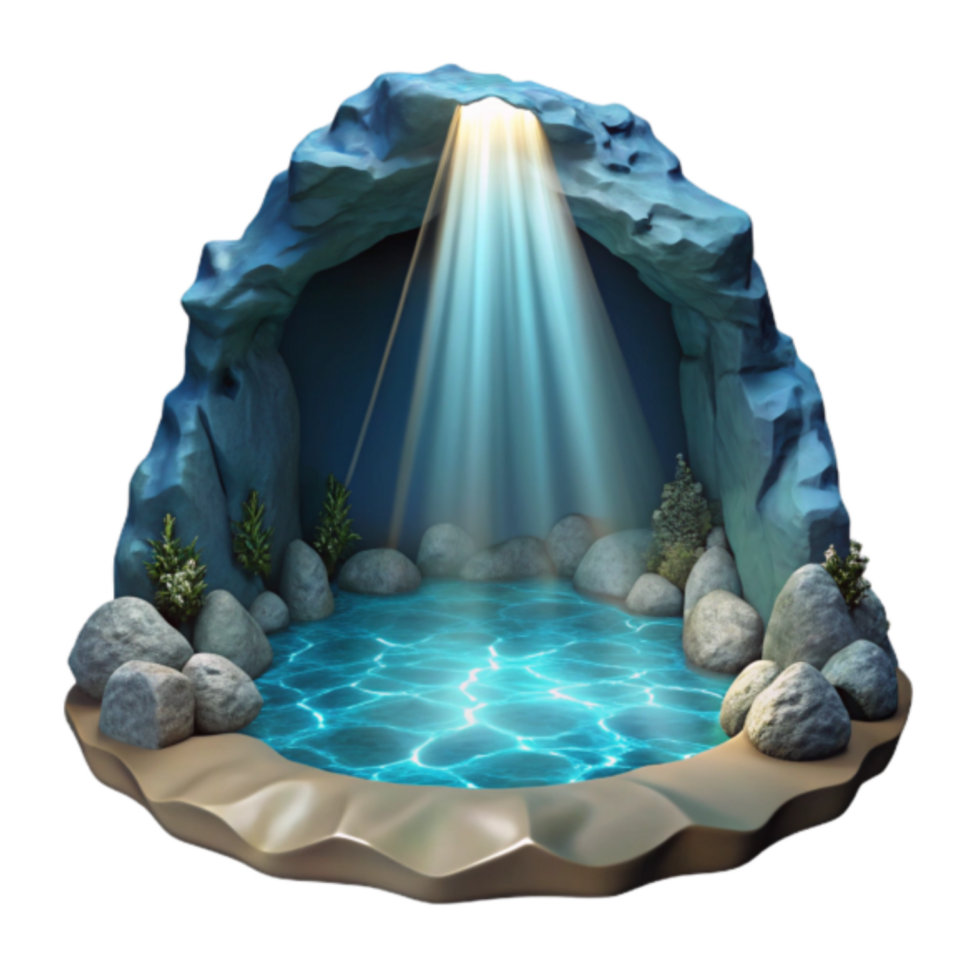 Enchanted Cave Pool 3D Render Mystical Grotto with Glowing Water and Light Rays png