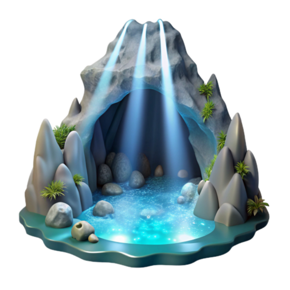 Enchanted Cave 3D Render Mystical Grotto with Glowing Pool and Light Beams png