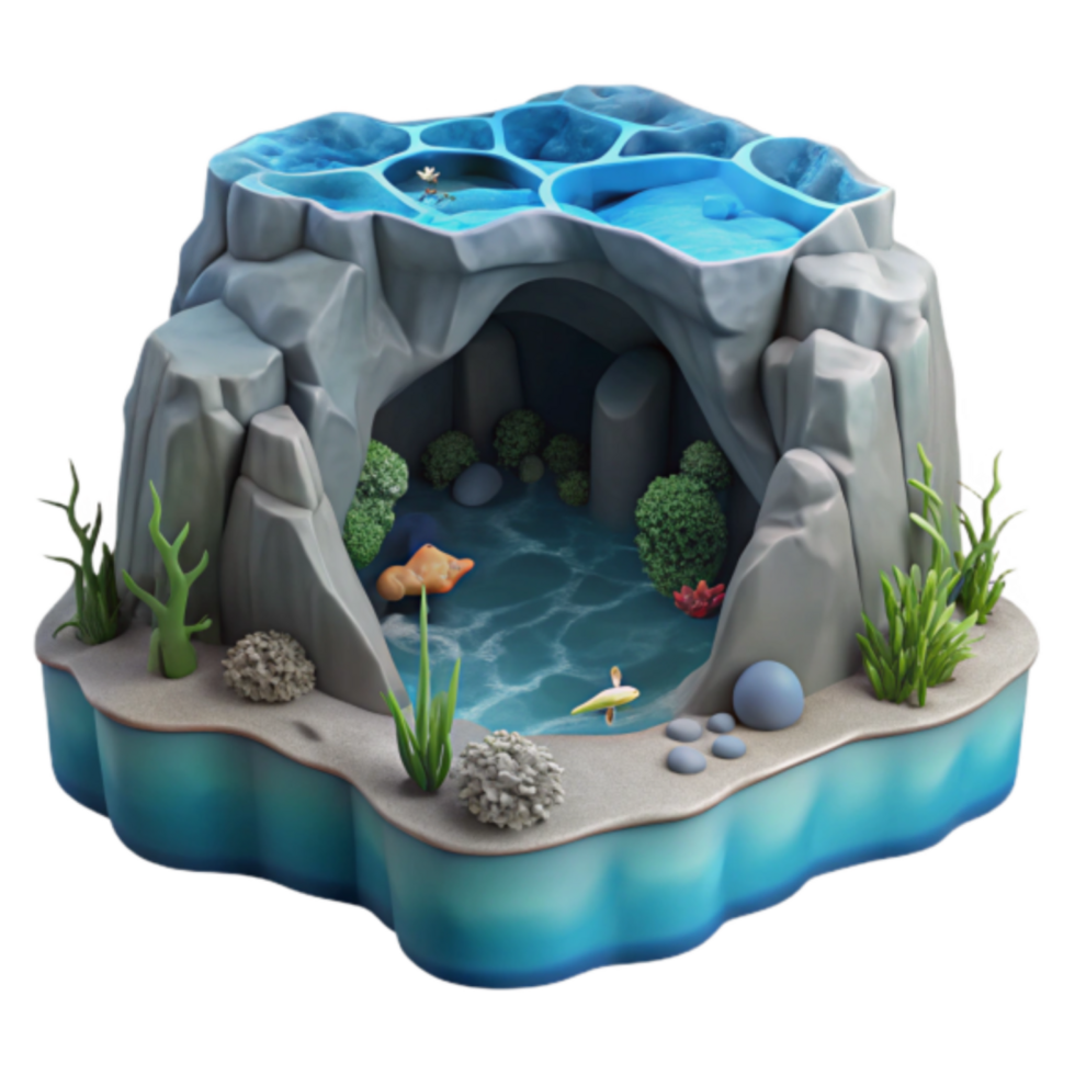 3D Render of Underwater Cave Scene with Fish and Flora png