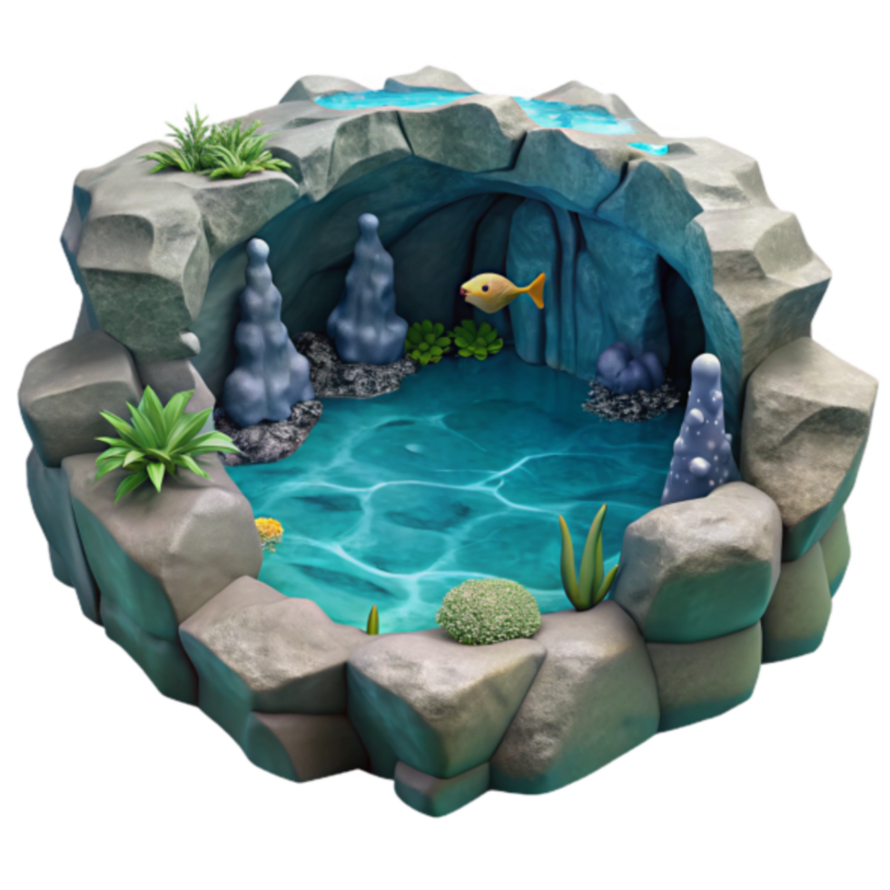 3D Render of an Underwater Cave Grotto Scene with Fish and Plants png