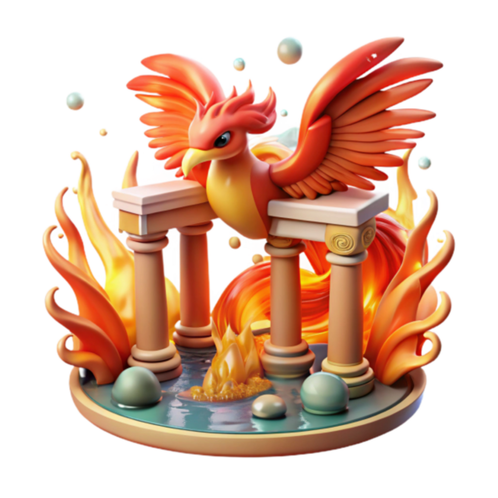 3D Render of a Mythical Phoenix Bird on Pillars Amidst Flames png