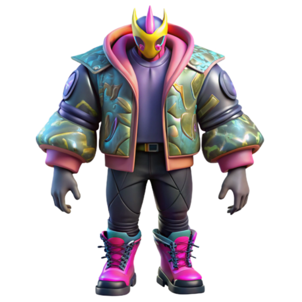 Vibrant 3D Render of a Stylish Cyborg Character in a Colorful Jacket png